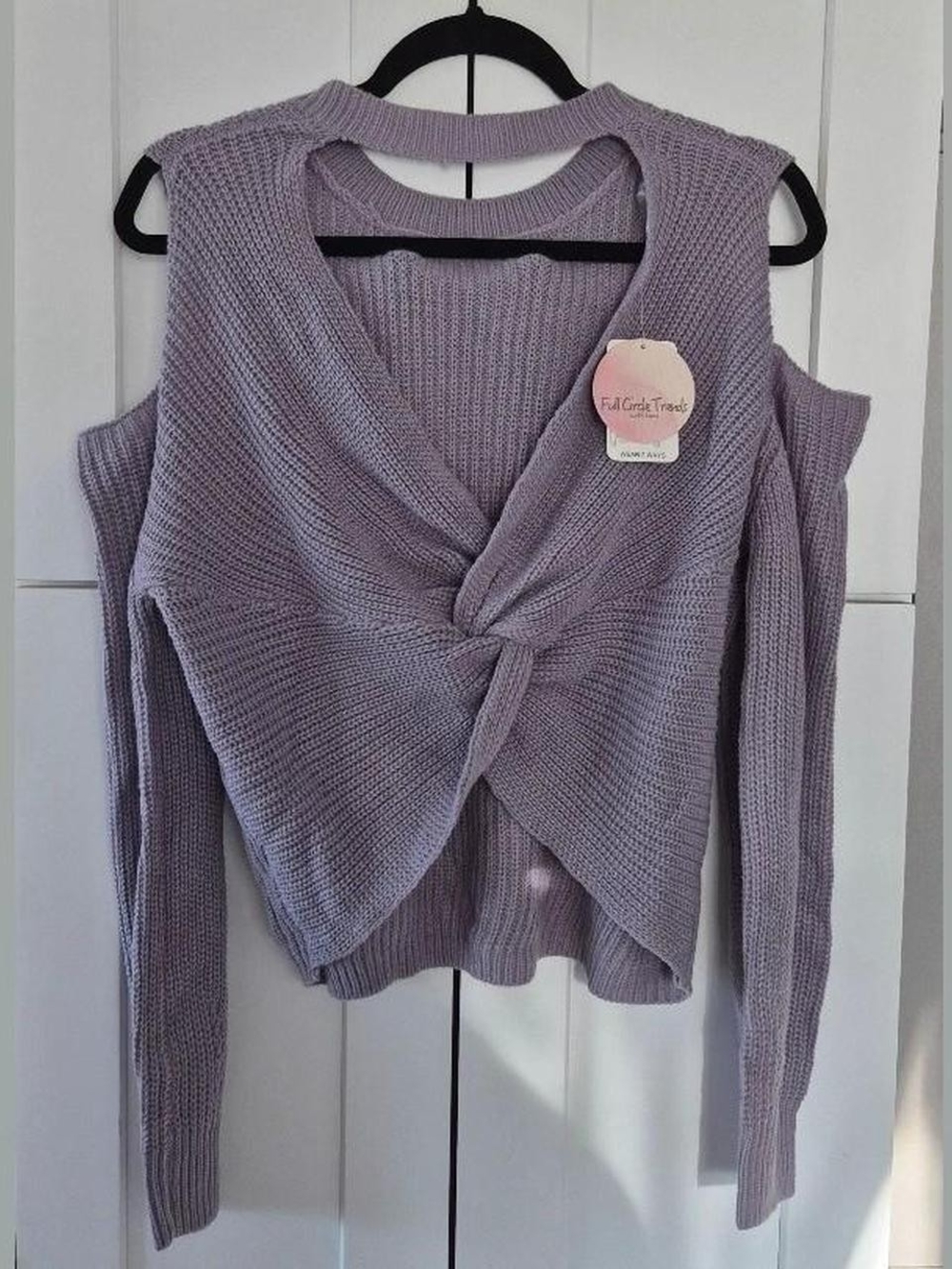 Lavender Knot-Front Cold-Shoulder Sweater